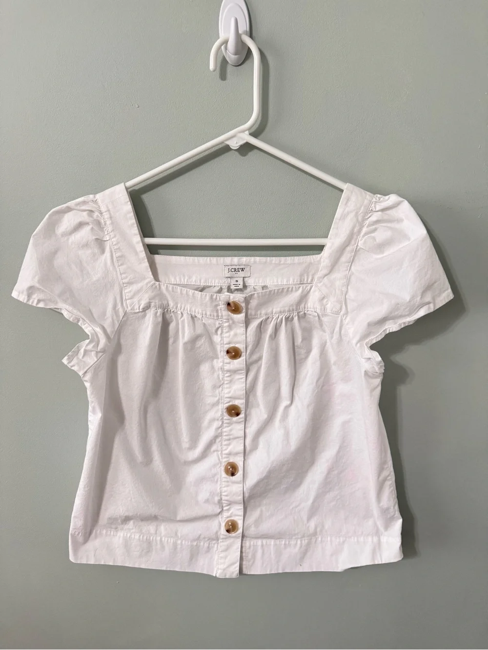 J.Crew Button-Front Square Neck Puff Sleeve Top Cotton Poplin